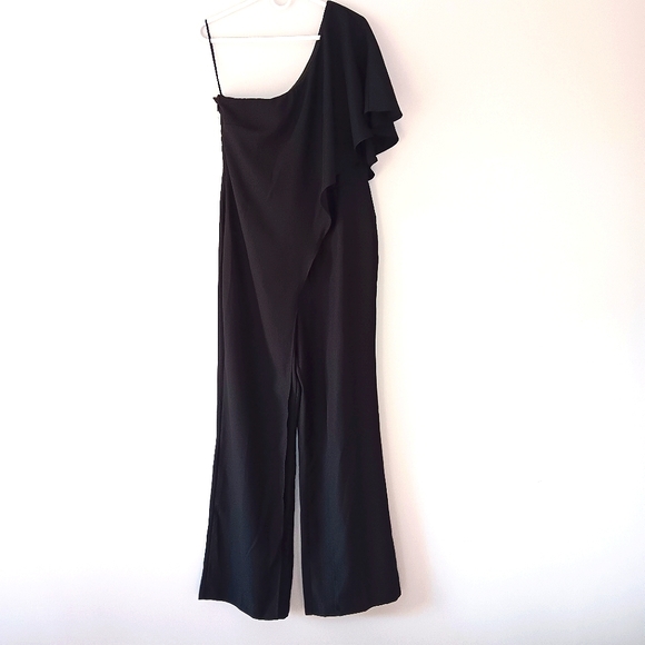 VENUS Pants - Venus One-Shoulder Draped Front Black Special Occasion Jumpsuit, Women's 10